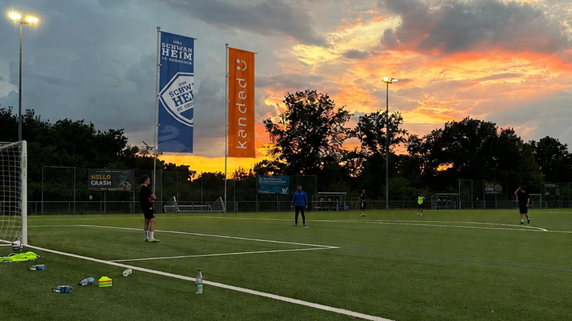 Vereinsplatz des FC Germania 06 Schwanheim im Sonnenuntergang mit FC-Flagge